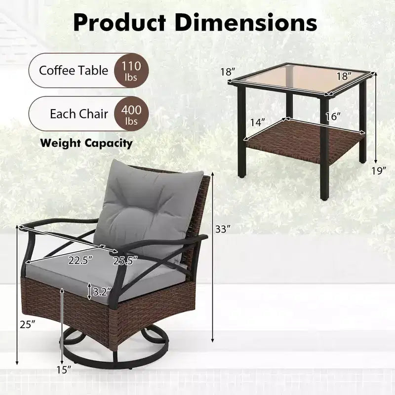 Costway 3-teiliges Terrassen-Schaukelstuhl-Set mit 2-stöckigem Couchtisch und gemütlichen Rückenkissen