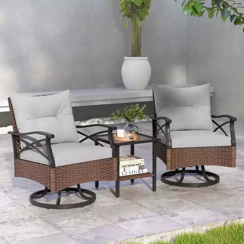 Costway 3-teiliges Terrassen-Schaukelstuhl-Set mit 2-stöckigem Couchtisch und gemütlichen Rückenkissen