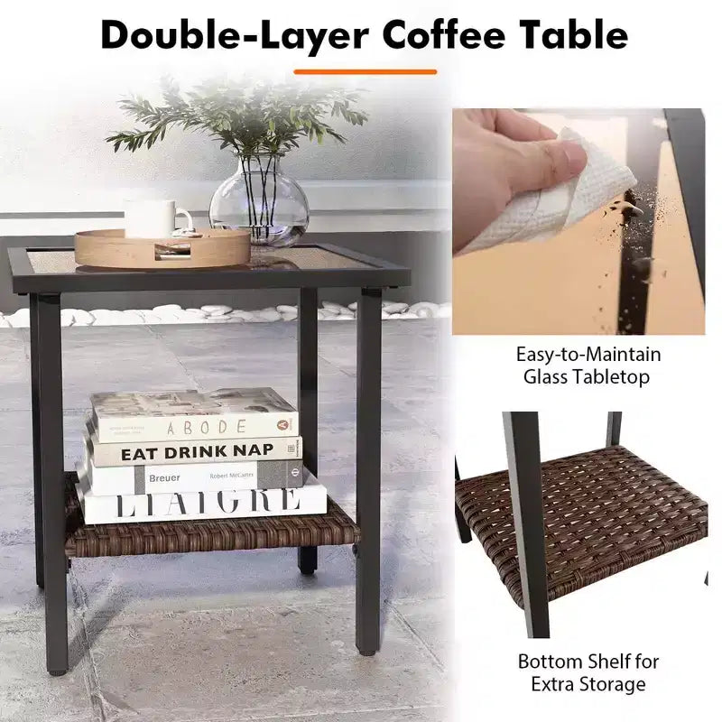 Costway 3-teiliges Terrassen-Schaukelstuhl-Set mit 2-stöckigem Couchtisch und gemütlichen Rückenkissen