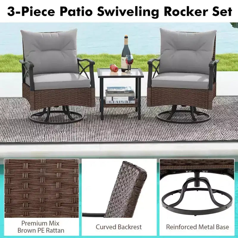 Costway 3-teiliges Terrassen-Schaukelstuhl-Set mit 2-stöckigem Couchtisch und gemütlichen Rückenkissen
