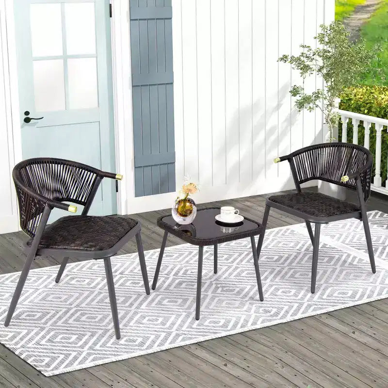 Costway 3-teiliges Terrassenmöbel-Set aus Rattan mit Tischplatte aus gehärtetem Glas und Korbsitz