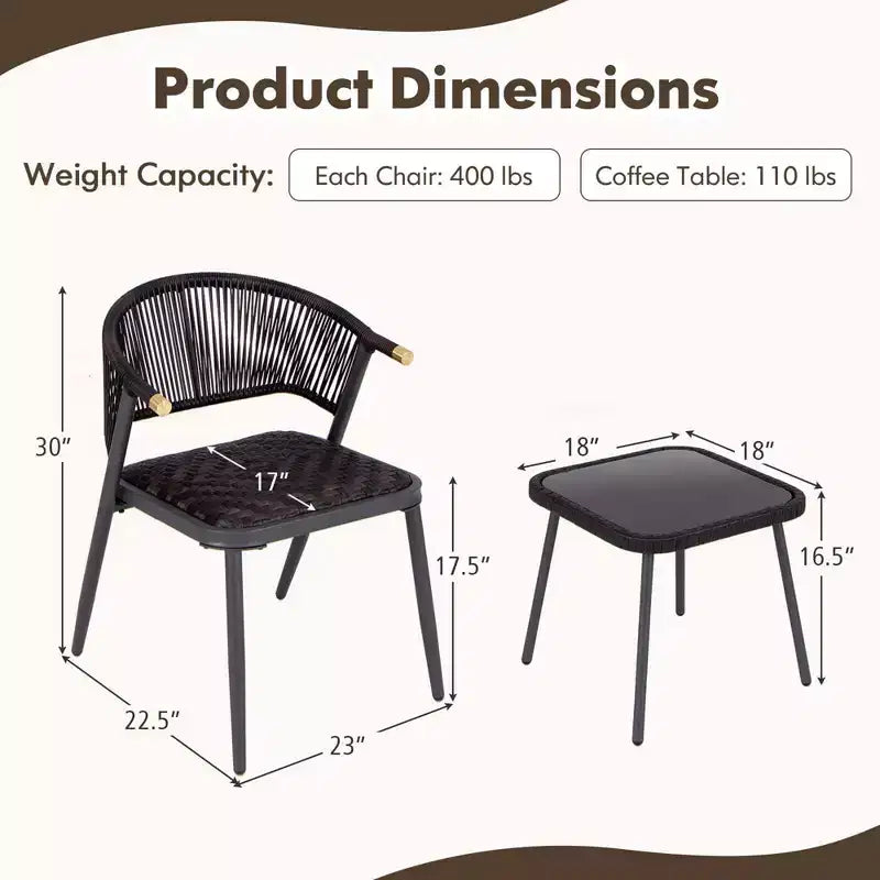 Costway 3-teiliges Terrassenmöbel-Set aus Rattan mit Tischplatte aus gehärtetem Glas und Korbsitz