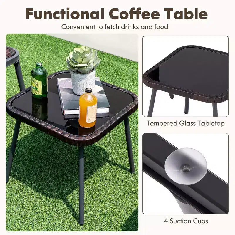 Costway 3-teiliges Terrassenmöbel-Set aus Rattan mit Tischplatte aus gehärtetem Glas und Korbsitz