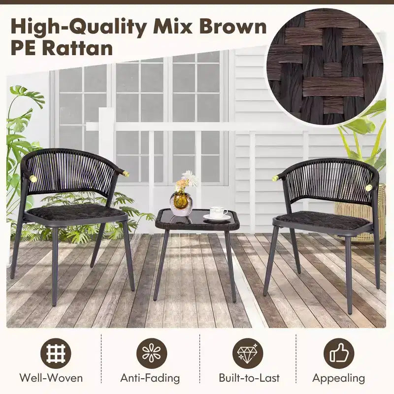 Costway 3-teiliges Terrassenmöbel-Set aus Rattan mit Tischplatte aus gehärtetem Glas und Korbsitz