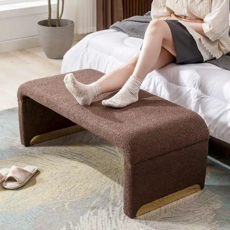 Multi-Color Boucle Fabric Bench Ottoman with Gold Metal Legs for 1–2 Person