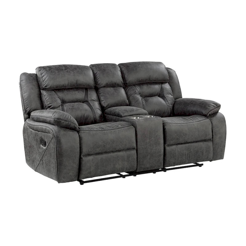 Grey Microfiber Manual Double Recliner Loveseat with Center Console for 2 Person