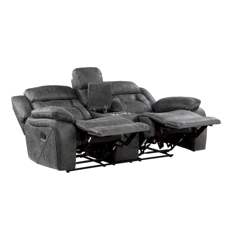 Grey Microfiber Manual Double Recliner Loveseat with Center Console for 2 Person