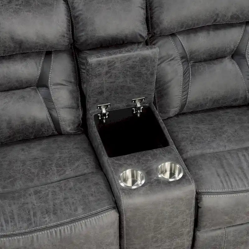 Grey Microfiber Manual Double Recliner Loveseat with Center Console for 2 Person