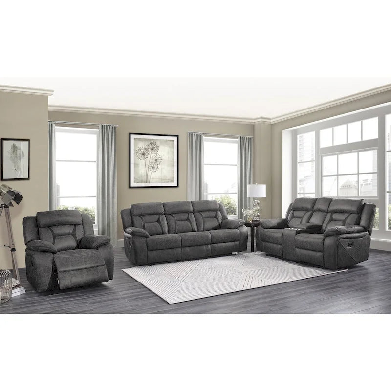 Grey Microfiber Manual Double Recliner Loveseat with Center Console for 2 Person