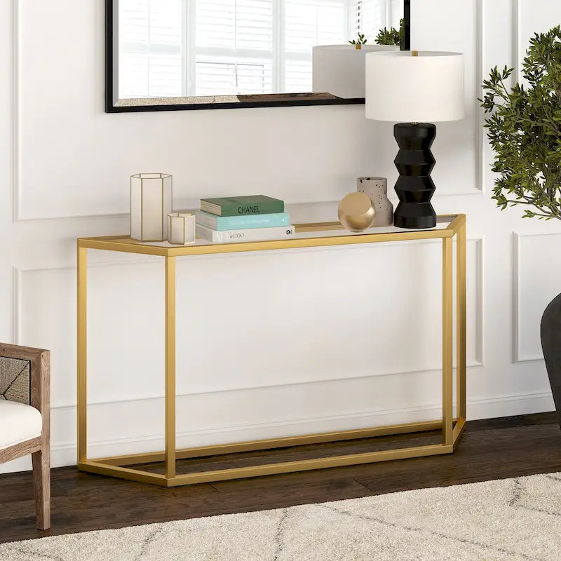 Blackened Bronze / Gold / Silver Steel Frame Console Table with Tempered Glass Top for 1–2 Person