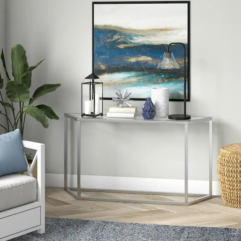 Blackened Bronze / Gold / Silver Steel Frame Console Table with Tempered Glass Top for 1–2 Person