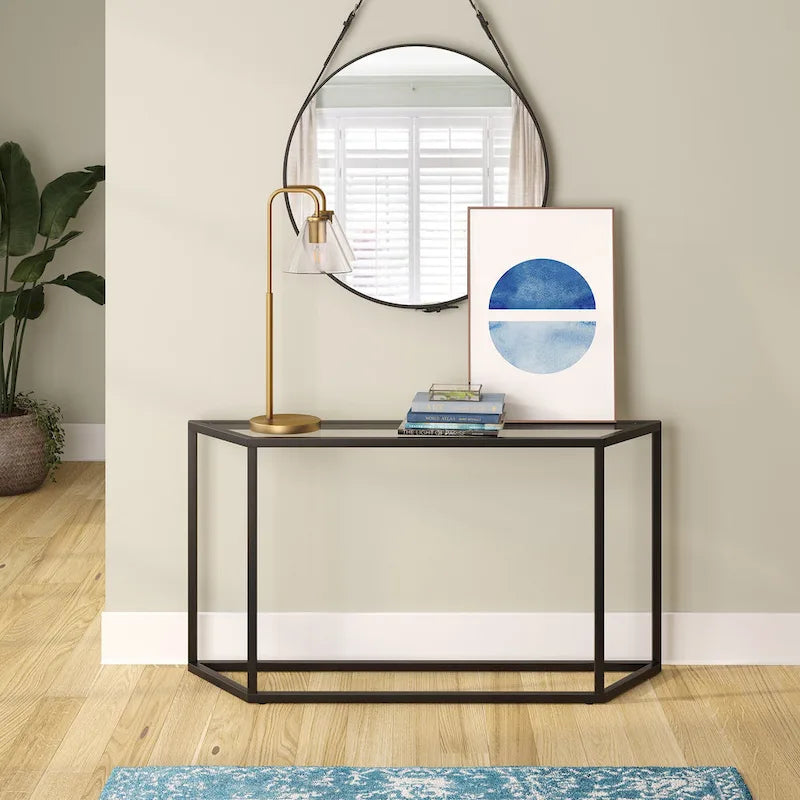 Blackened Bronze / Gold / Silver Steel Frame Console Table with Tempered Glass Top for 1–2 Person