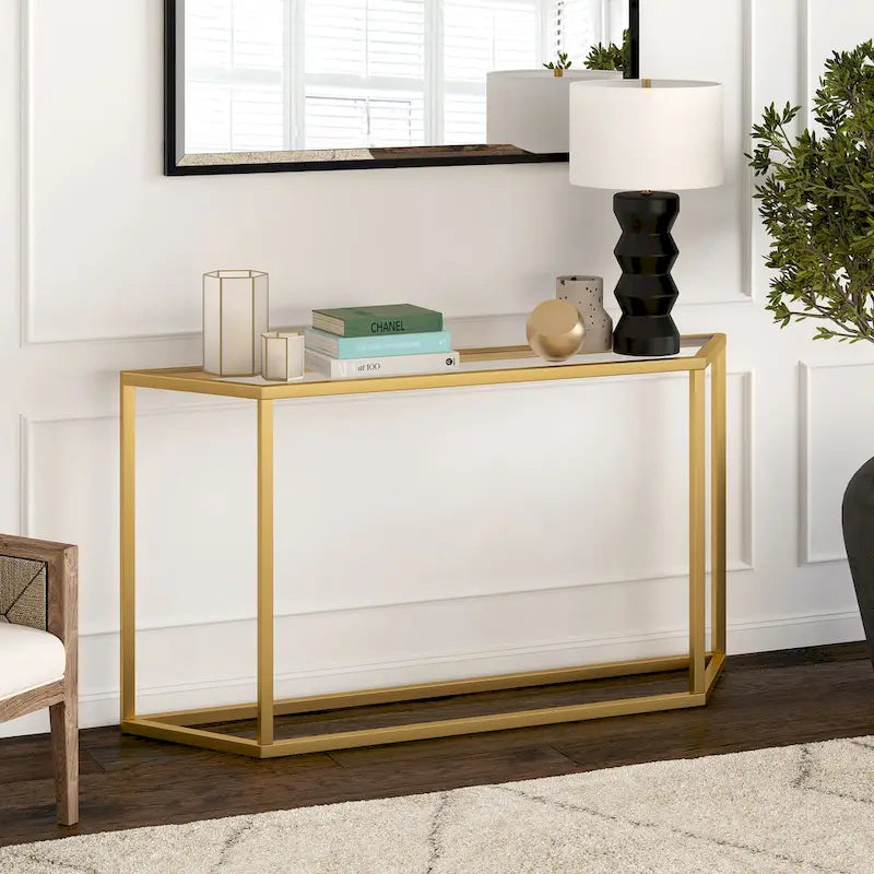 Blackened Bronze / Gold / Silver Steel Frame Console Table with Tempered Glass Top for 1–2 Person