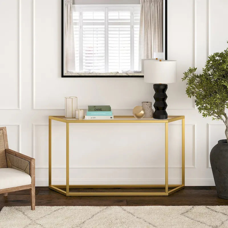 Blackened Bronze / Gold / Silver Steel Frame Console Table with Tempered Glass Top for 1–2 Person