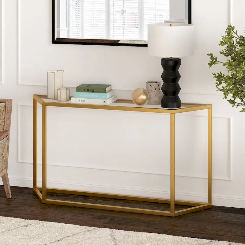 Blackened Bronze / Gold / Silver Steel Frame Console Table with Tempered Glass Top for 1–2 Person