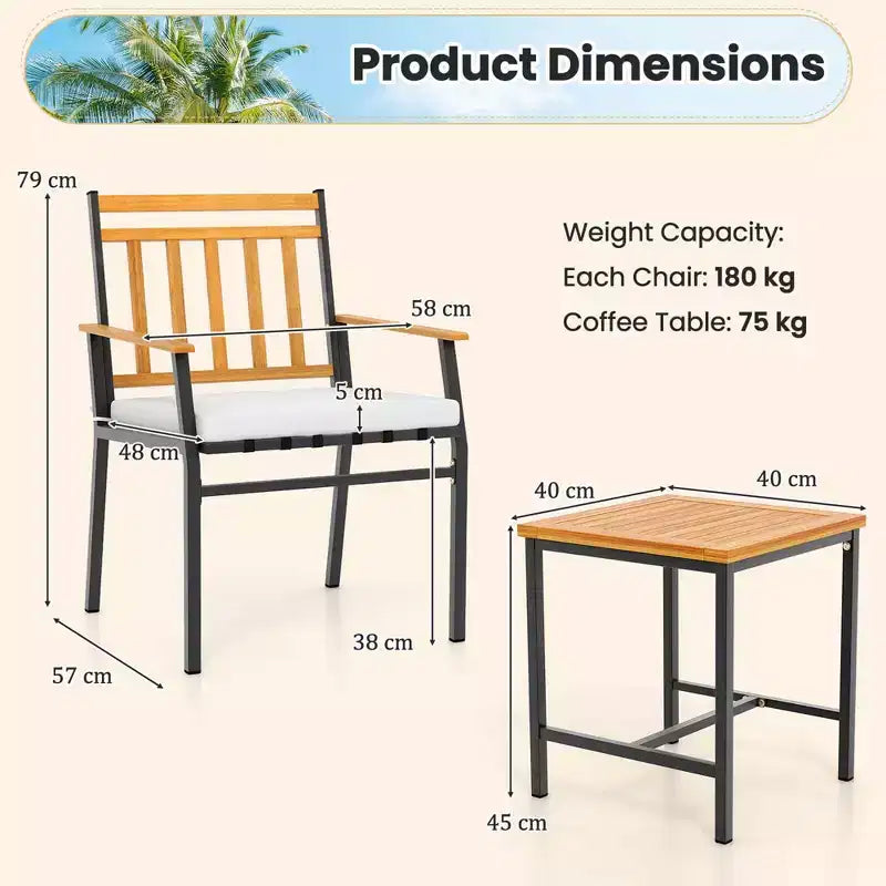 Costway 3-teiliges Outdoor-Möbelset mit Couchtisch, Hochleistungs-Metallrahmen für Balkon