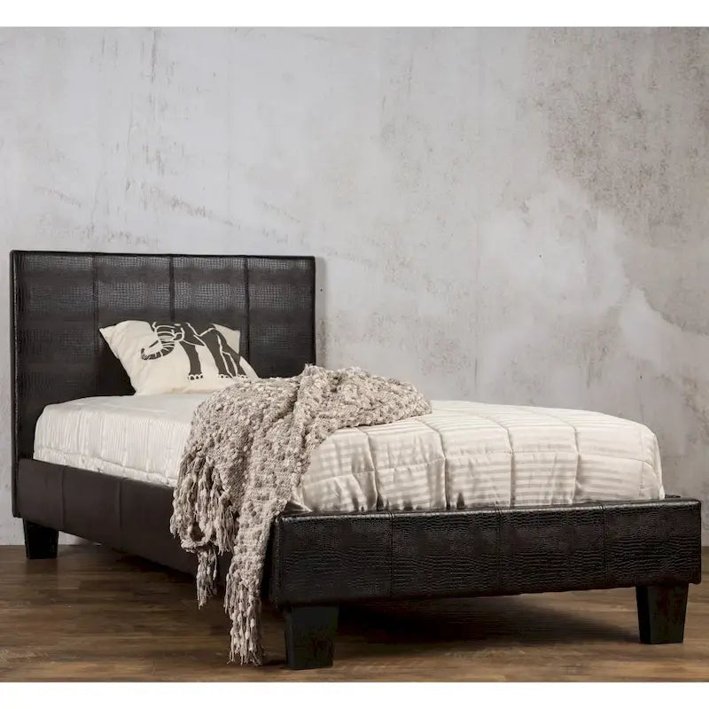 Brown Faux Leather Low-Profile Platform Bed with Crocodile Texture and Tapered Legs for 1–2 Person