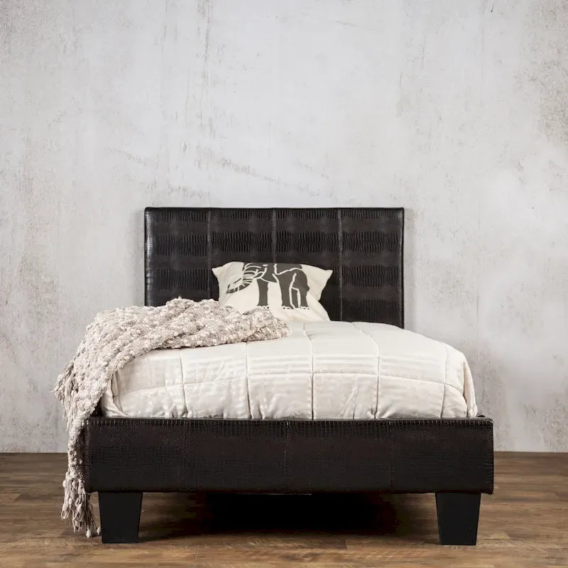 Brown Faux Leather Low-Profile Platform Bed with Crocodile Texture and Tapered Legs for 1–2 Person