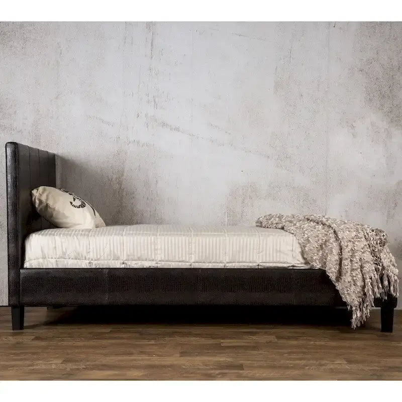 Brown Faux Leather Low-Profile Platform Bed with Crocodile Texture and Tapered Legs for 1–2 Person