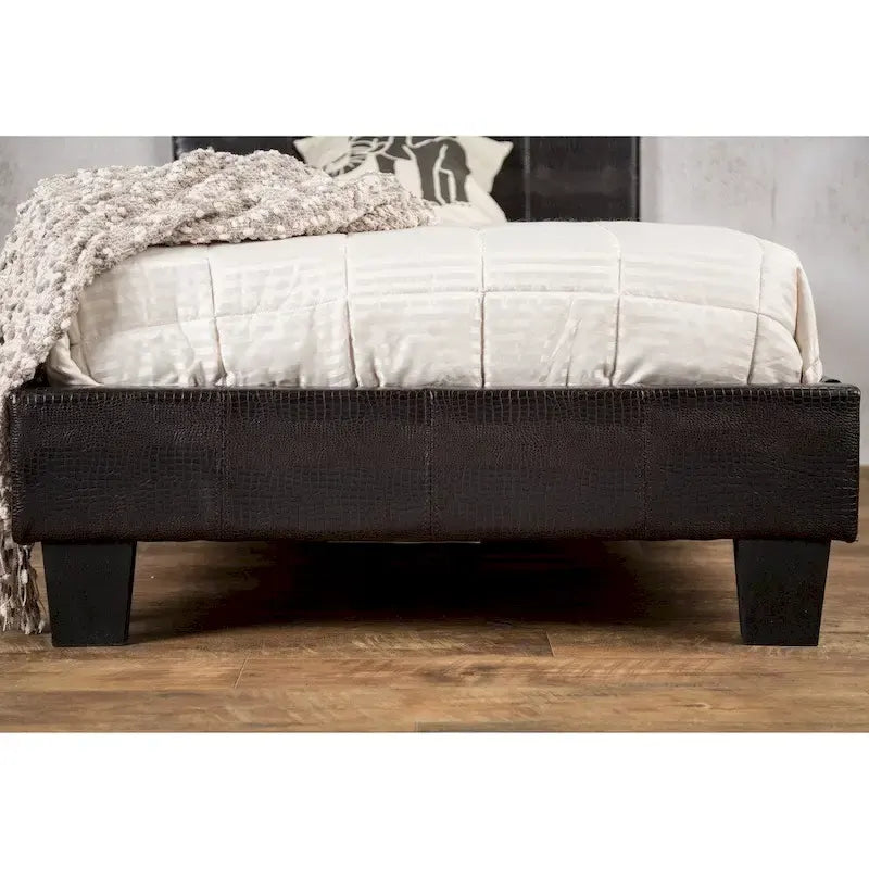 Brown Faux Leather Low-Profile Platform Bed with Crocodile Texture and Tapered Legs for 1–2 Person