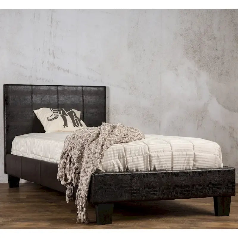 Brown Faux Leather Low-Profile Platform Bed with Crocodile Texture and Tapered Legs for 1–2 Person