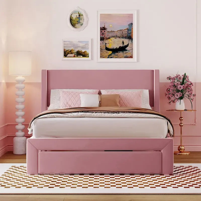 Blue / Pink / Beige / Grey Velvet Full Size Platform Bed with Upholstered Headboard and 1 Storage Drawer for 2 Person