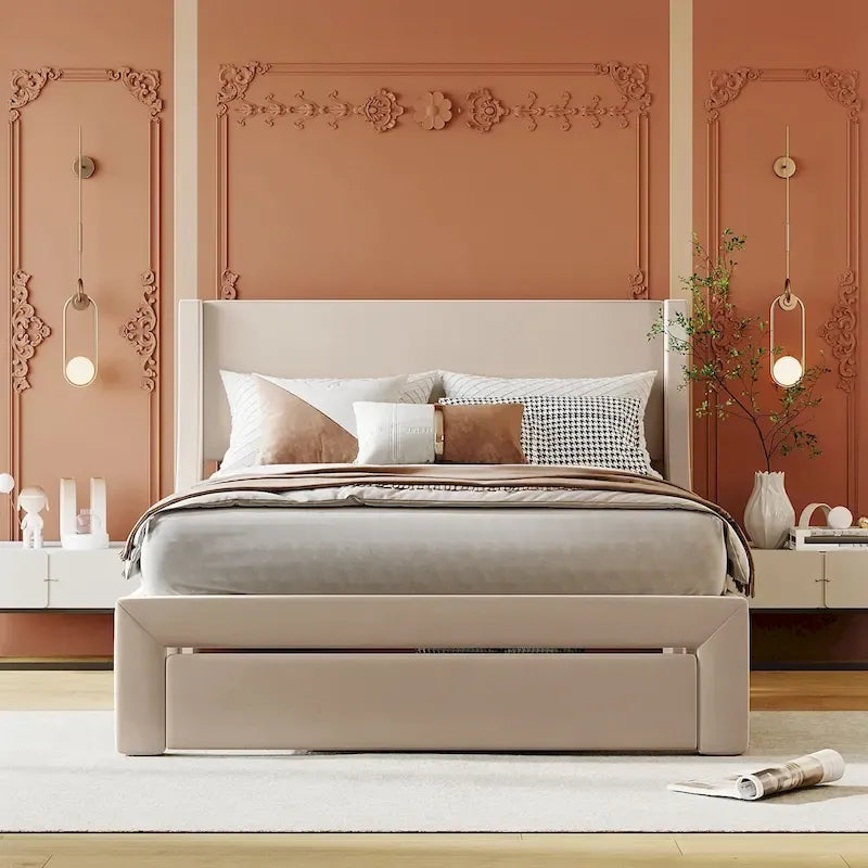 Blue / Pink / Beige / Grey Velvet Full Size Platform Bed with Upholstered Headboard and 1 Storage Drawer for 2 Person