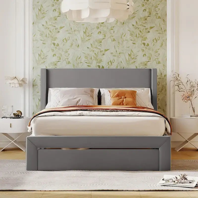 Blue / Pink / Beige / Grey Velvet Full Size Platform Bed with Upholstered Headboard and 1 Storage Drawer for 2 Person