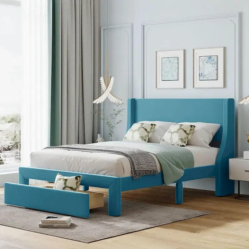 Blue / Pink / Beige / Grey Velvet Full Size Platform Bed with Upholstered Headboard and 1 Storage Drawer for 2 Person
