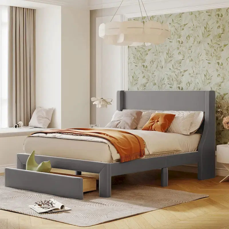 Blue / Pink / Beige / Grey Velvet Full Size Platform Bed with Upholstered Headboard and 1 Storage Drawer for 2 Person