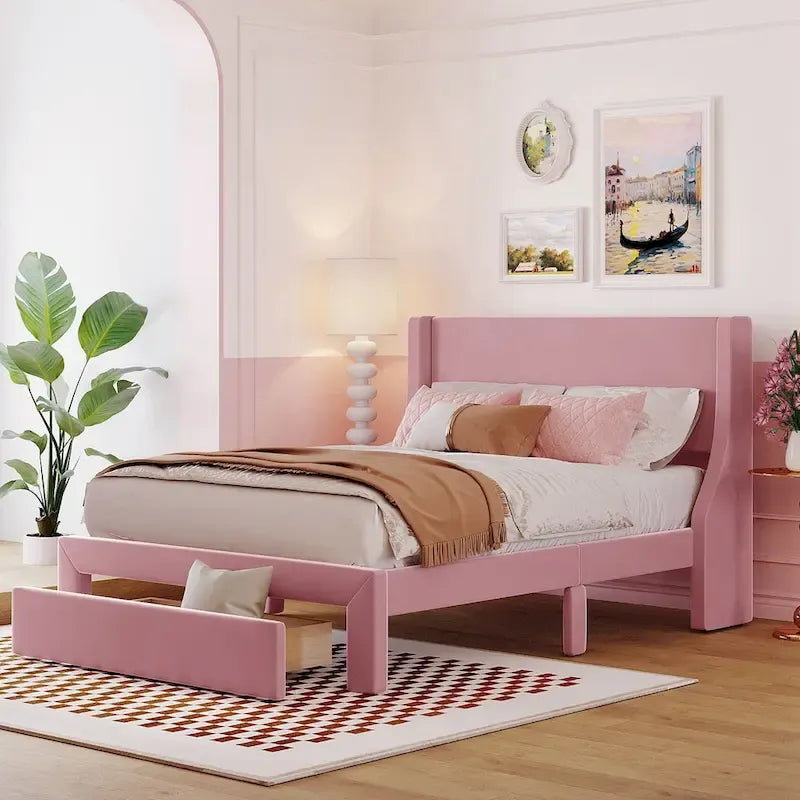 Blue / Pink / Beige / Grey Velvet Full Size Platform Bed with Upholstered Headboard and 1 Storage Drawer for 2 Person