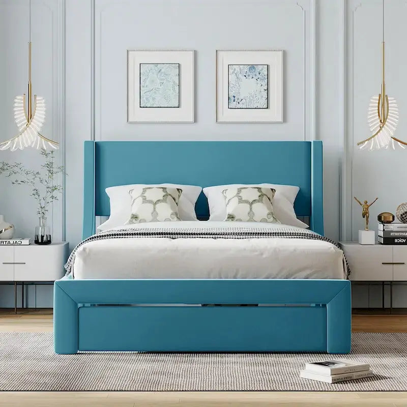 Blue / Pink / Beige / Grey Velvet Full Size Platform Bed with Upholstered Headboard and 1 Storage Drawer for 2 Person
