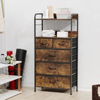 Pink / Brown / Grey / Black 5-Drawer Fabric Dresser with Double Display Shelf and Metal Frame for 1 Person