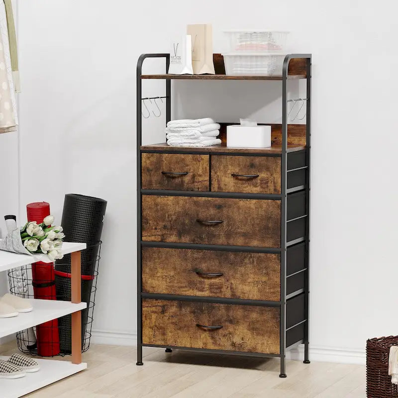 Pink / Brown / Grey / Black 5-Drawer Fabric Dresser with Double Display Shelf and Metal Frame for 1 Person