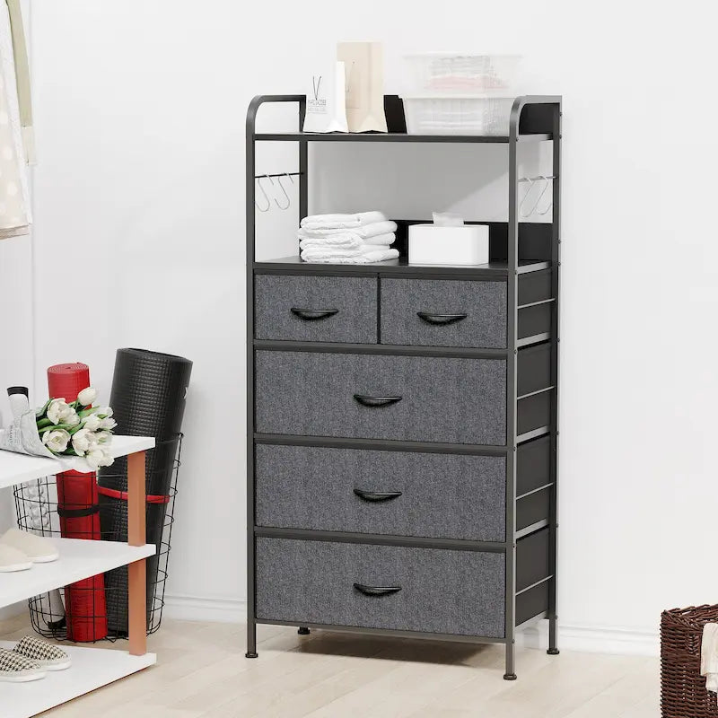 Pink / Brown / Grey / Black 5-Drawer Fabric Dresser with Double Display Shelf and Metal Frame for 1 Person