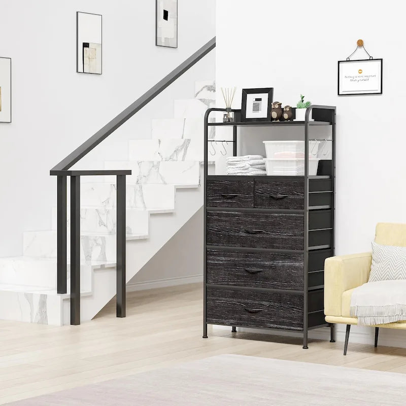 Pink / Brown / Grey / Black 5-Drawer Fabric Dresser with Double Display Shelf and Metal Frame for 1 Person