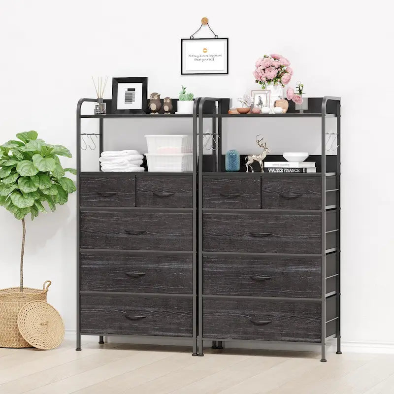 Pink / Brown / Grey / Black 5-Drawer Fabric Dresser with Double Display Shelf and Metal Frame for 1 Person