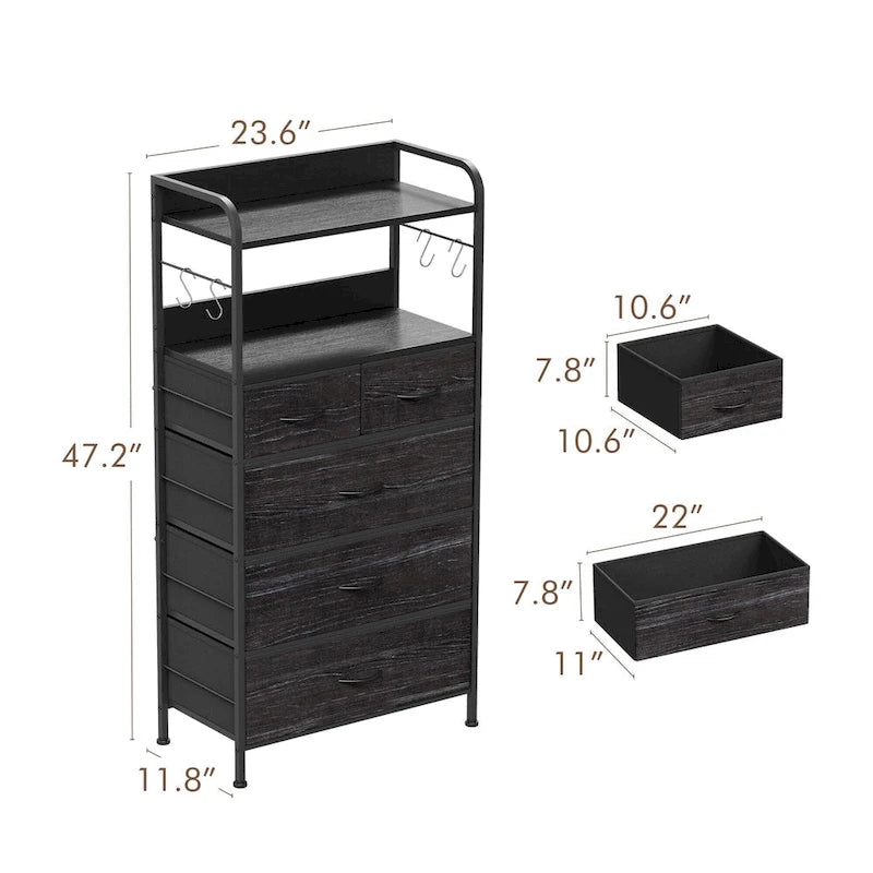Pink / Brown / Grey / Black 5-Drawer Fabric Dresser with Double Display Shelf and Metal Frame for 1 Person