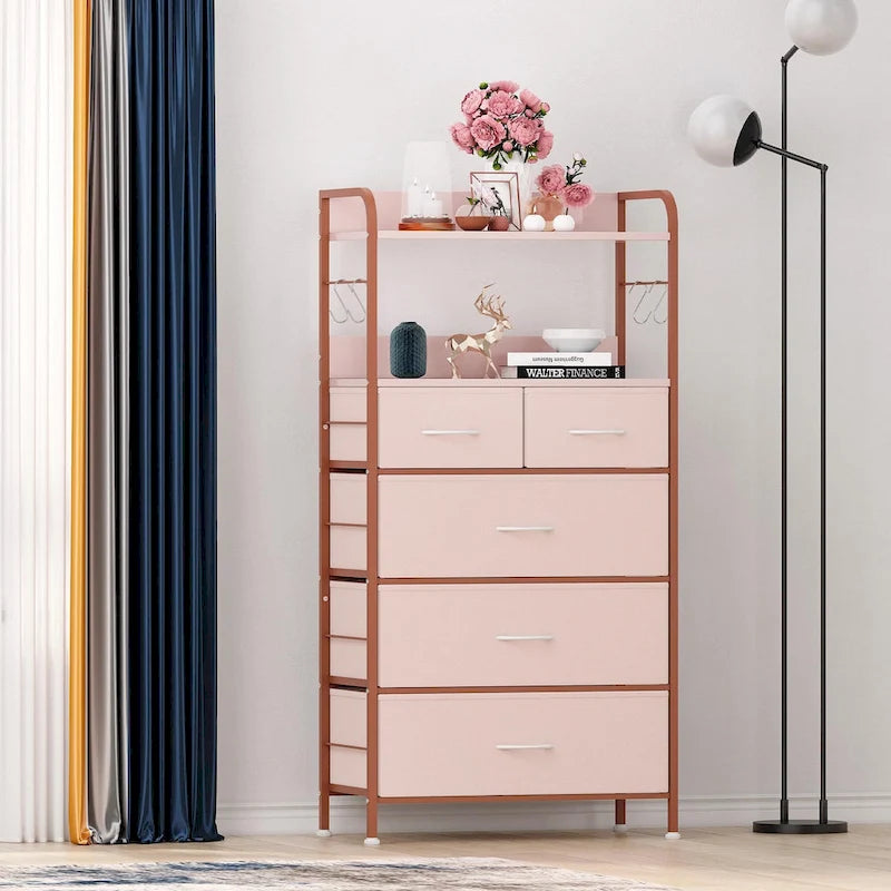 Pink / Brown / Grey / Black 5-Drawer Fabric Dresser with Double Display Shelf and Metal Frame for 1 Person