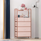 Pink / Brown / Grey / Black 5-Drawer Fabric Dresser with Double Display Shelf and Metal Frame for 1 Person