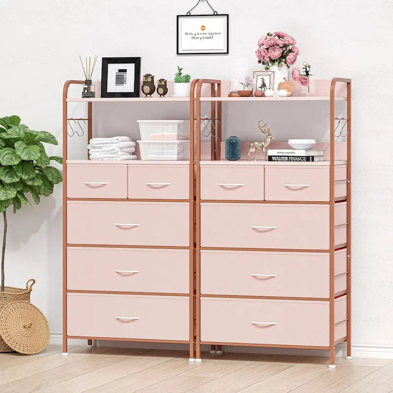 Pink / Brown / Grey / Black 5-Drawer Fabric Dresser with Double Display Shelf and Metal Frame for 1 Person