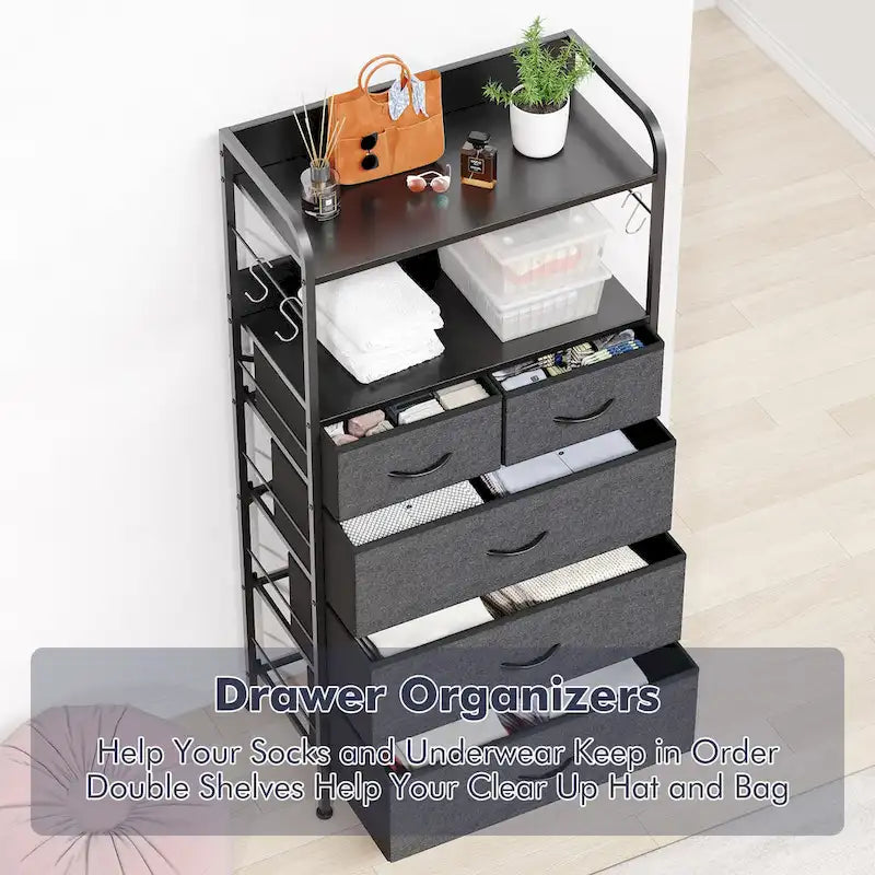 Pink / Brown / Grey / Black 5-Drawer Fabric Dresser with Double Display Shelf and Metal Frame for 1 Person