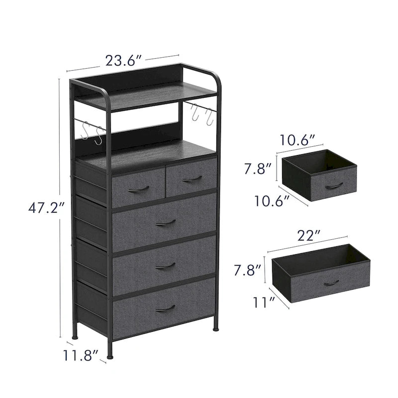 Pink / Brown / Grey / Black 5-Drawer Fabric Dresser with Double Display Shelf and Metal Frame for 1 Person