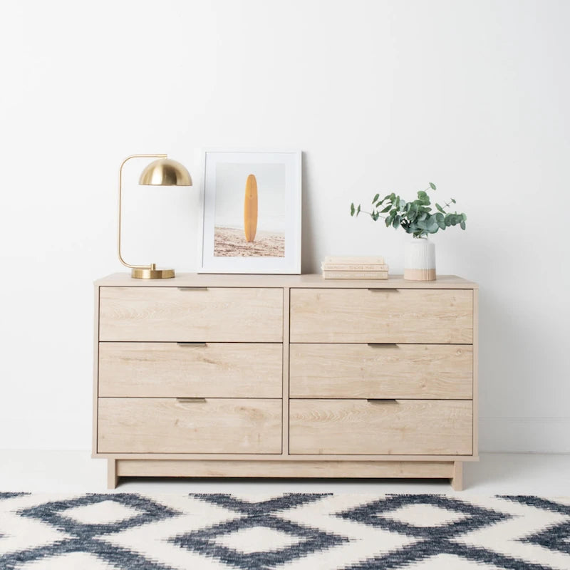 Natural / Natural Brown Woodgrain Laminate Dresser with Smooth-Glide Drawers, 5-Drawer or 6-Drawer for 1 Person