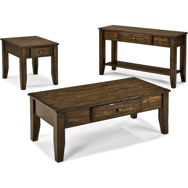 Brown Hand-Distressed Mango Wood End Table with 1 Drawer and Brushed Metal Pulls for 1 Person