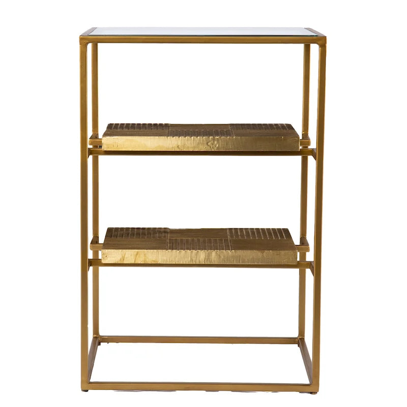 Brass Textured 3-Tier Accent Side Table with Glass Top and Open Shelves for 1 Person