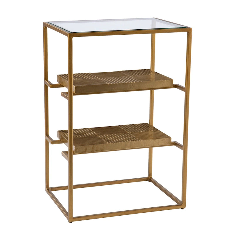 Brass Textured 3-Tier Accent Side Table with Glass Top and Open Shelves for 1 Person