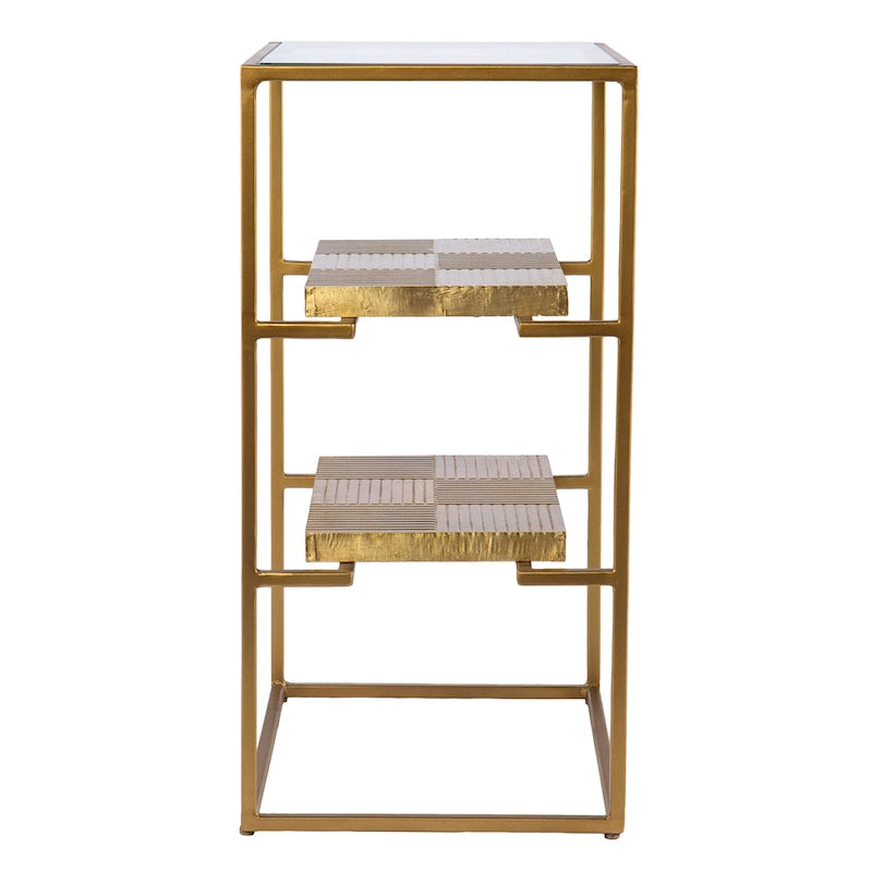 Brass Textured 3-Tier Accent Side Table with Glass Top and Open Shelves for 1 Person