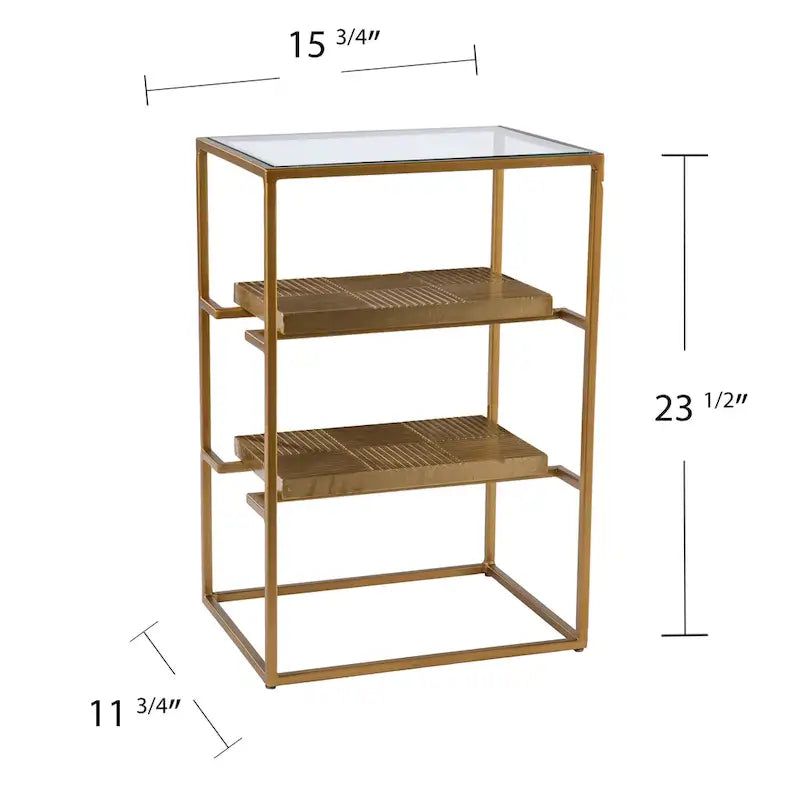 Brass Textured 3-Tier Accent Side Table with Glass Top and Open Shelves for 1 Person