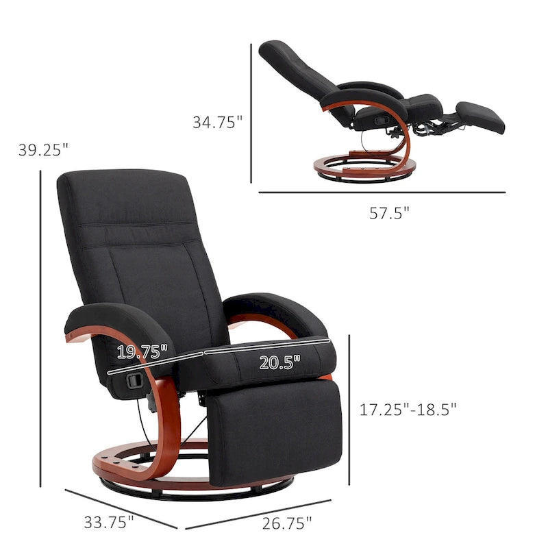 Black Linen 360° Swivel Manual Recliner Chair with Footrest for 1 Person